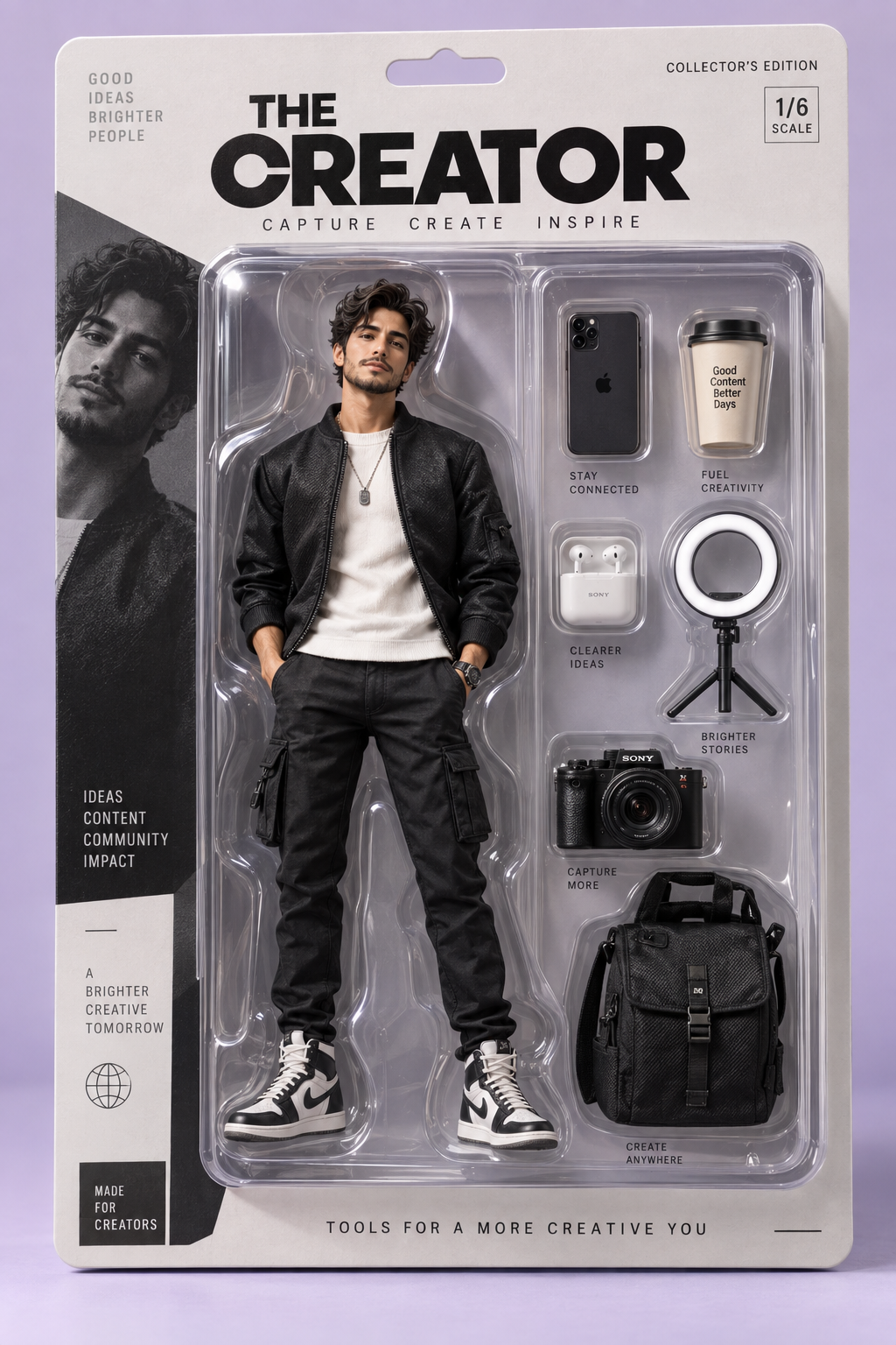 action figure effect with pastel packaging and creator accessories