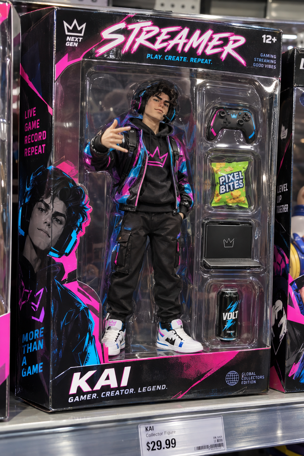 retro action figure effect in neon packaging