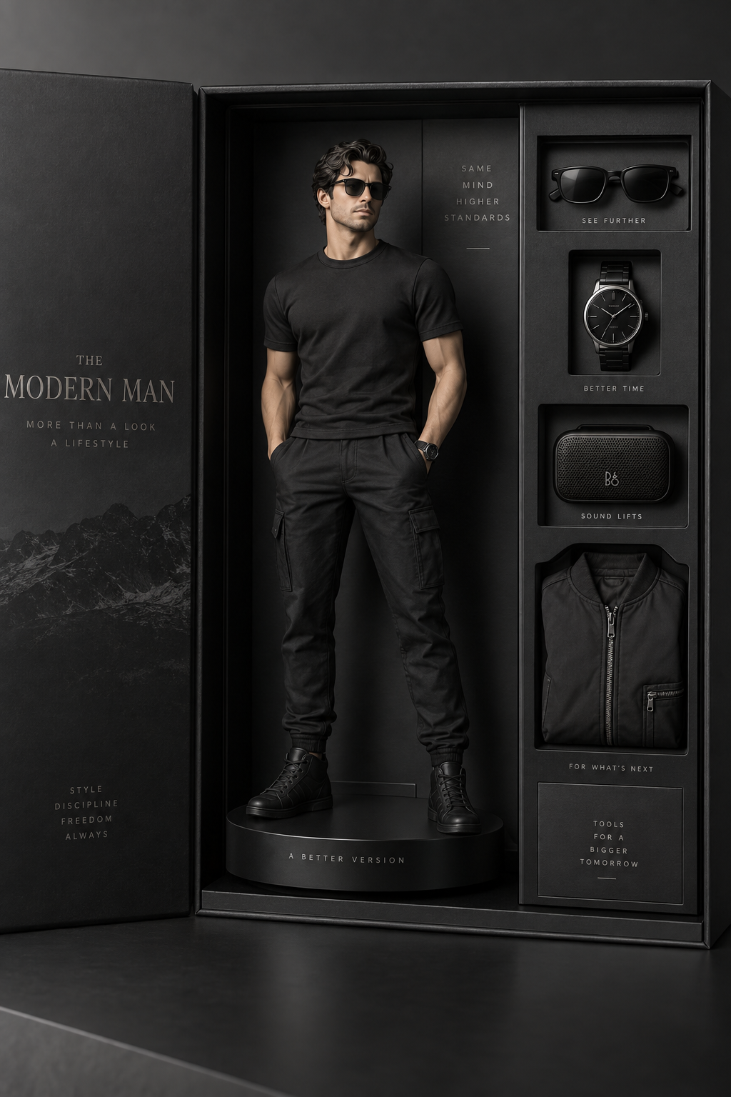 luxury action figure effect in matte black packaging
