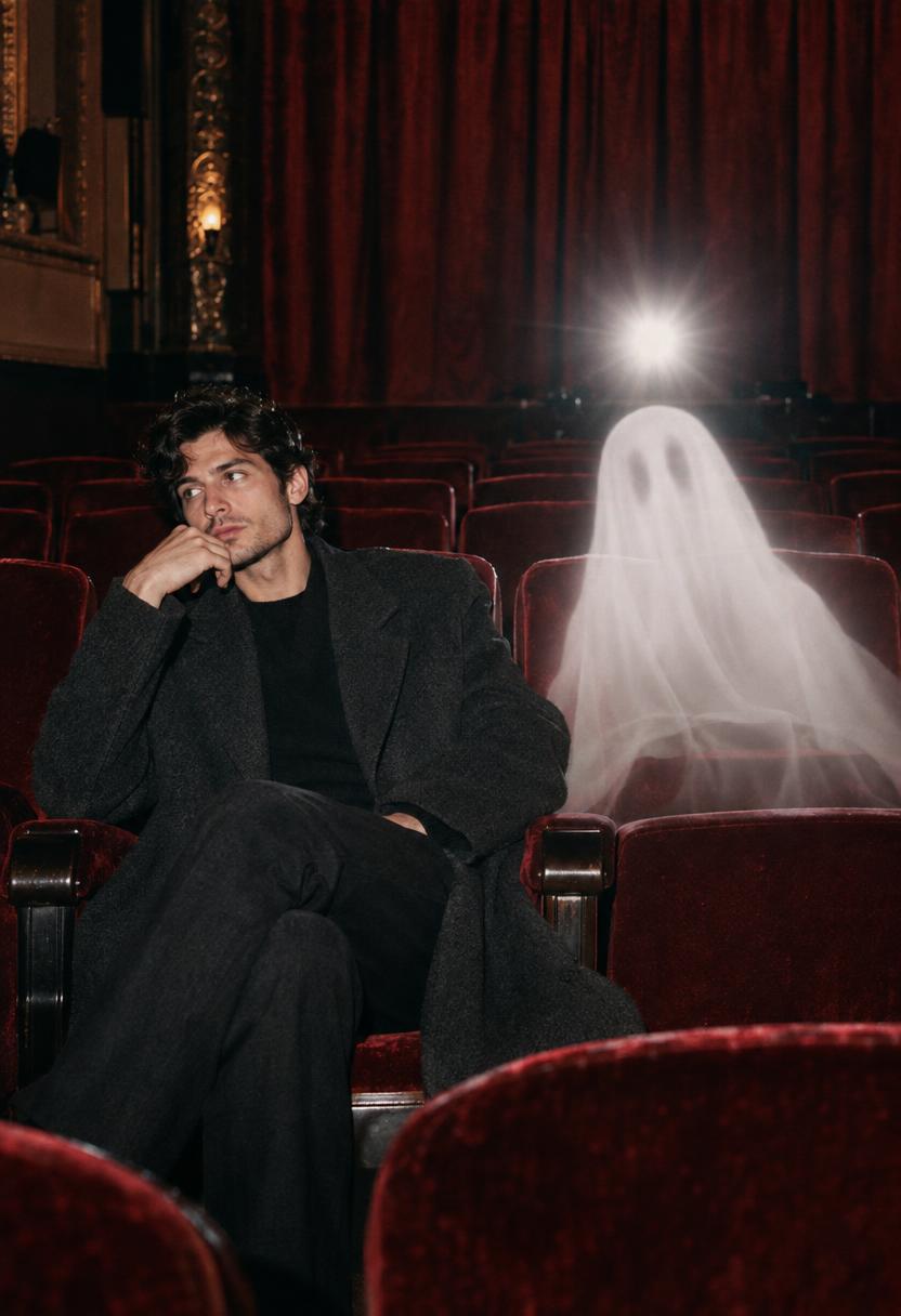 AI ghost photo effect in a vintage cinema beside a seated portrait
