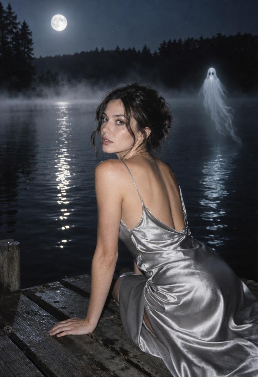 AI ghost photo effect with a luminous ghost above a moonlit lake