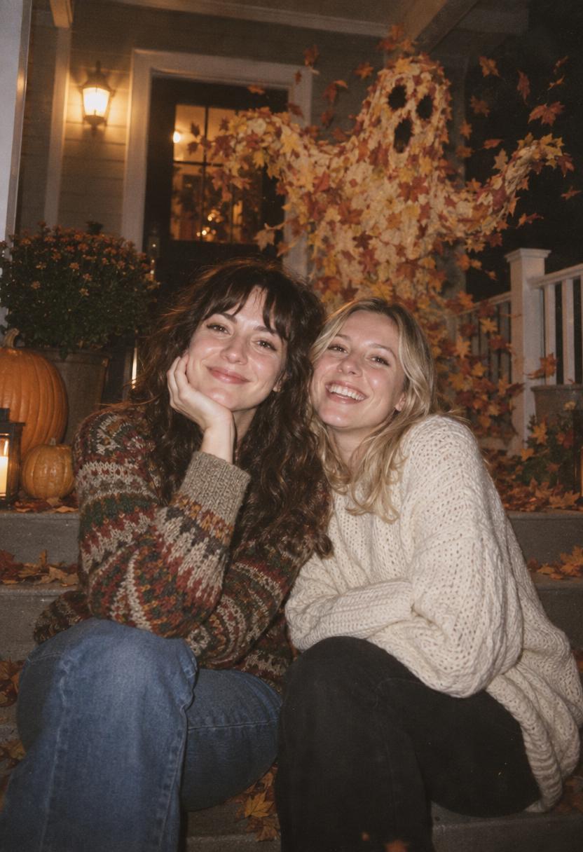 AI ghost photo effect with friends and a leaf ghost on an autumn porch