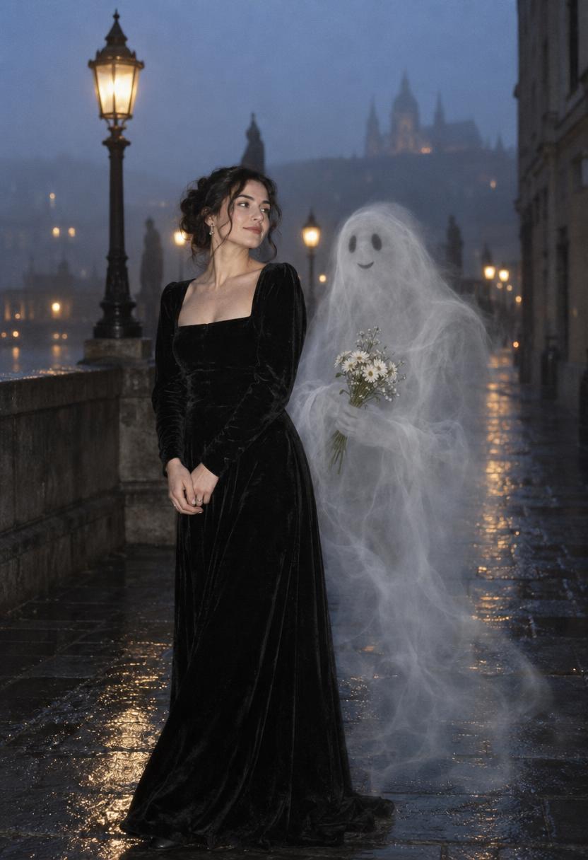 AI ghost photo effect with velvet dress and misty flower ghost