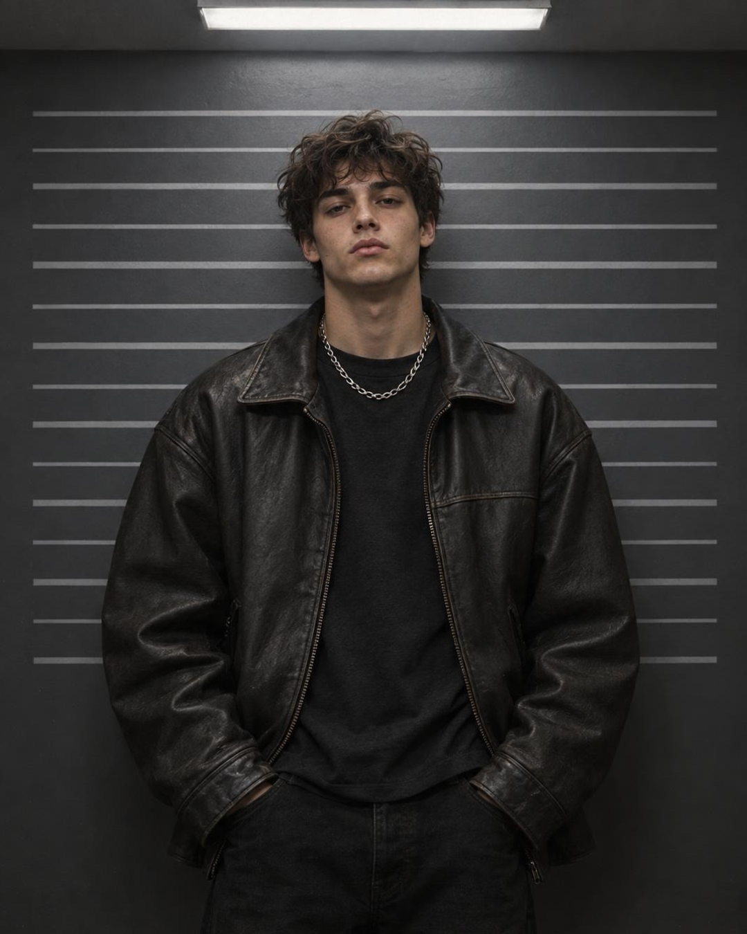 AI mugshot effect with charcoal backdrop and leather jacket