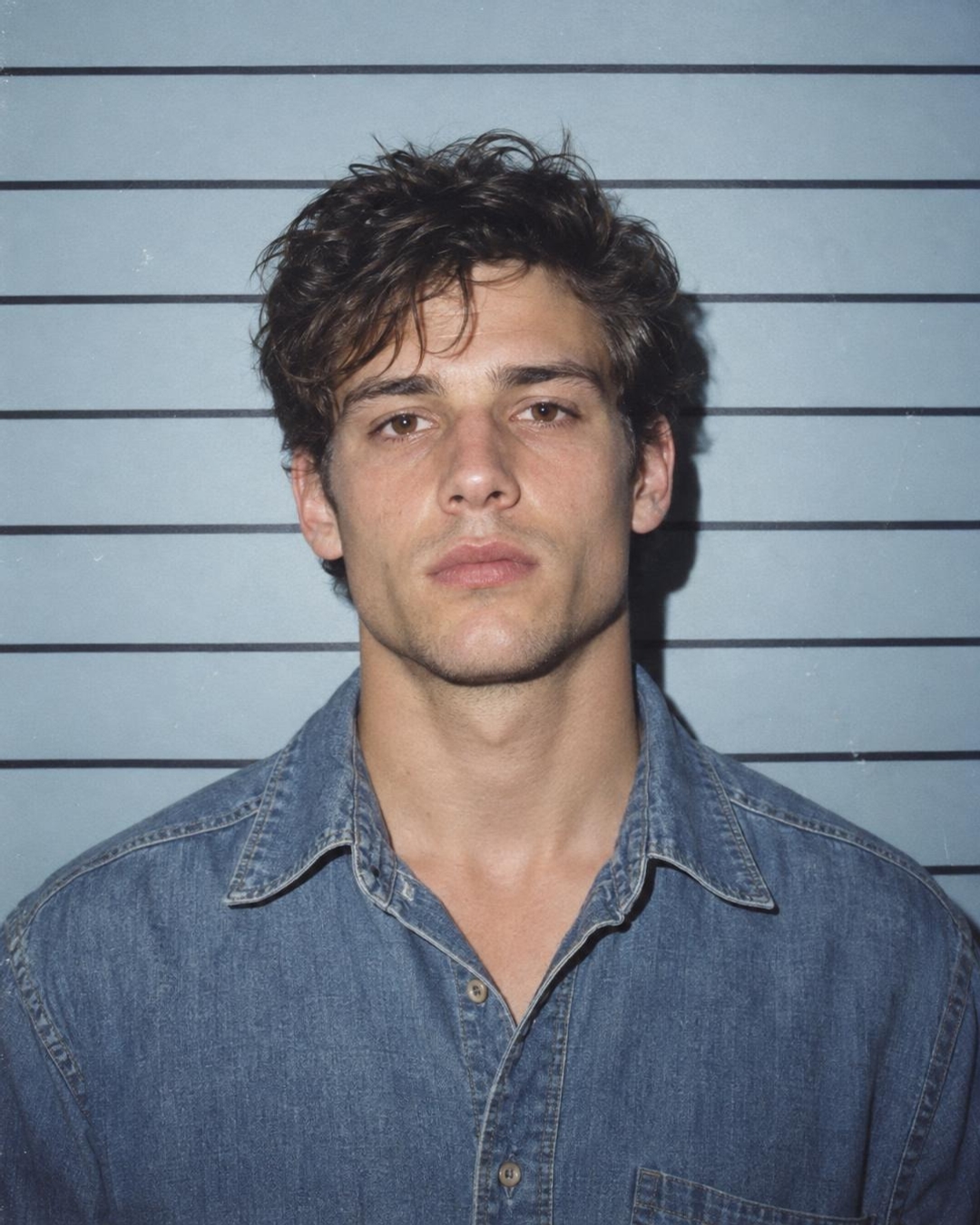 AI mugshot effect with blue backdrop and denim shirt