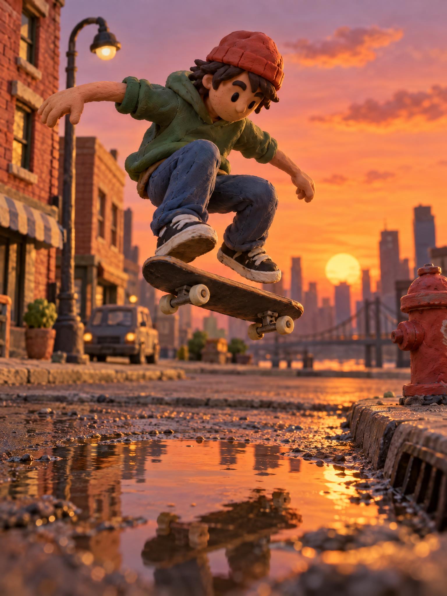 clay avatar effect skateboarder in a miniature city scene