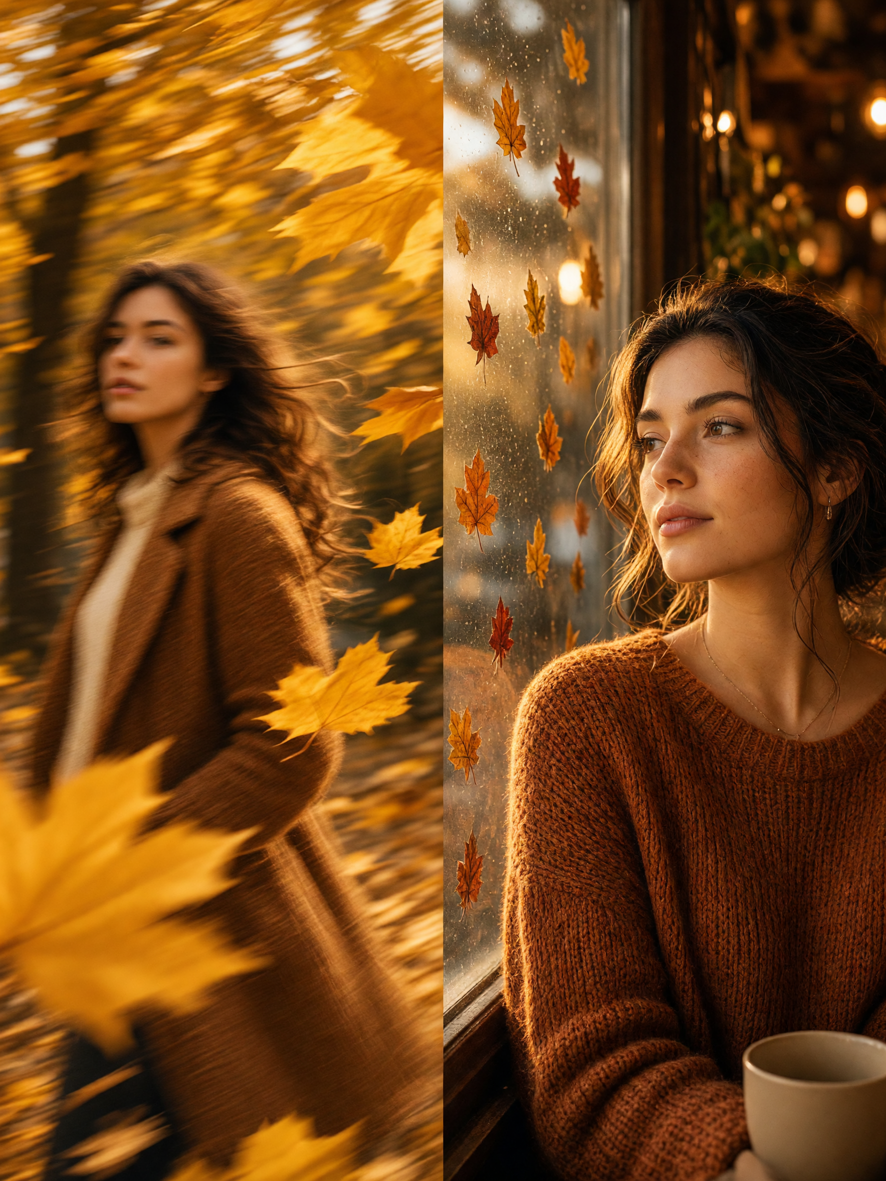 Autumn editorial photo effect with golden leaves