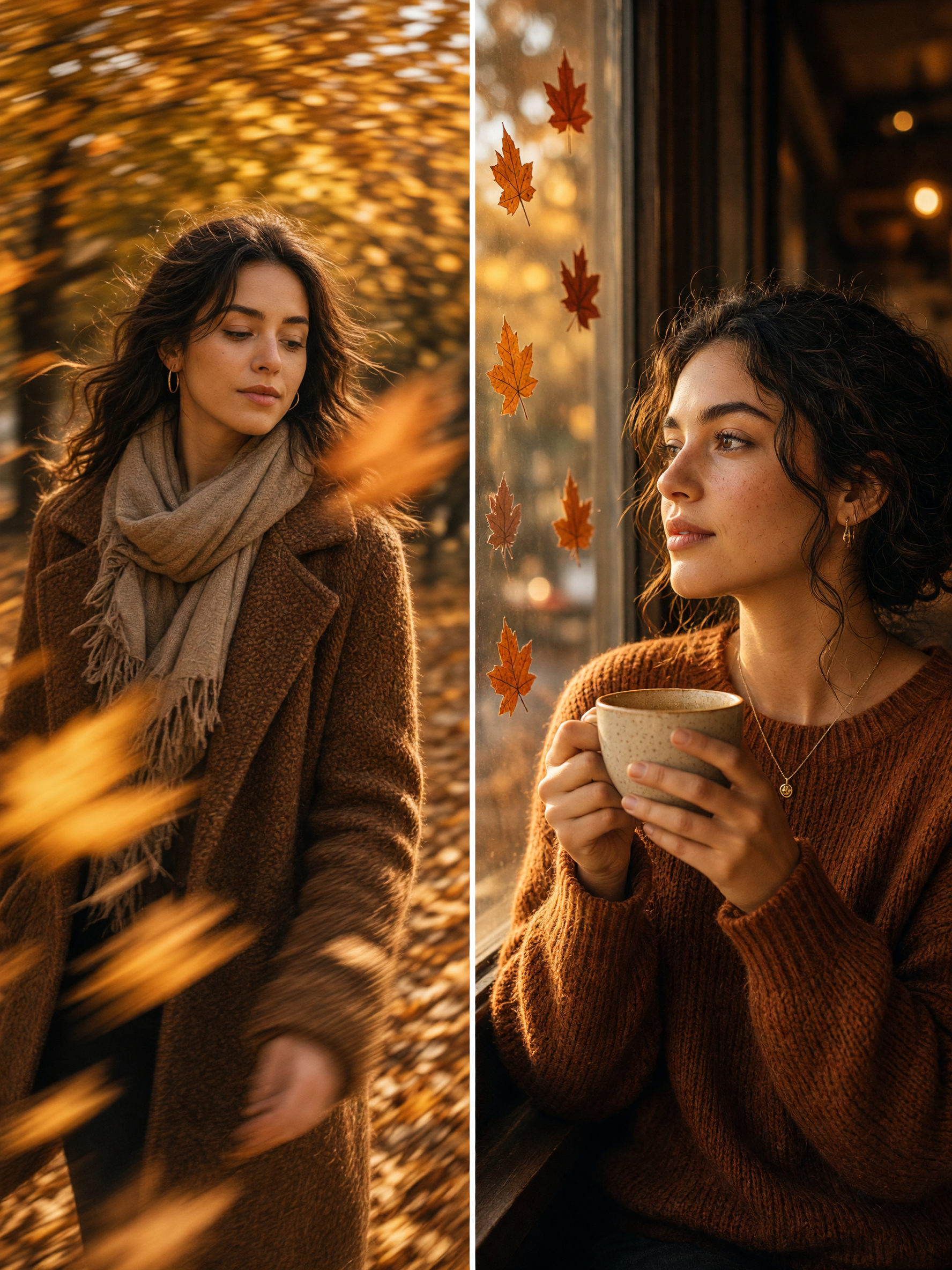 Autumn editorial photo effect in a coffee shop by a window