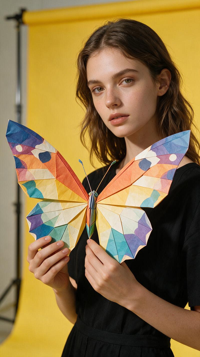 Origami butterfly photo effect with a giant folded paper butterfly