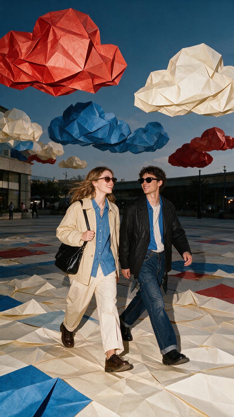 Origami photo effect with friends walking under folded paper clouds