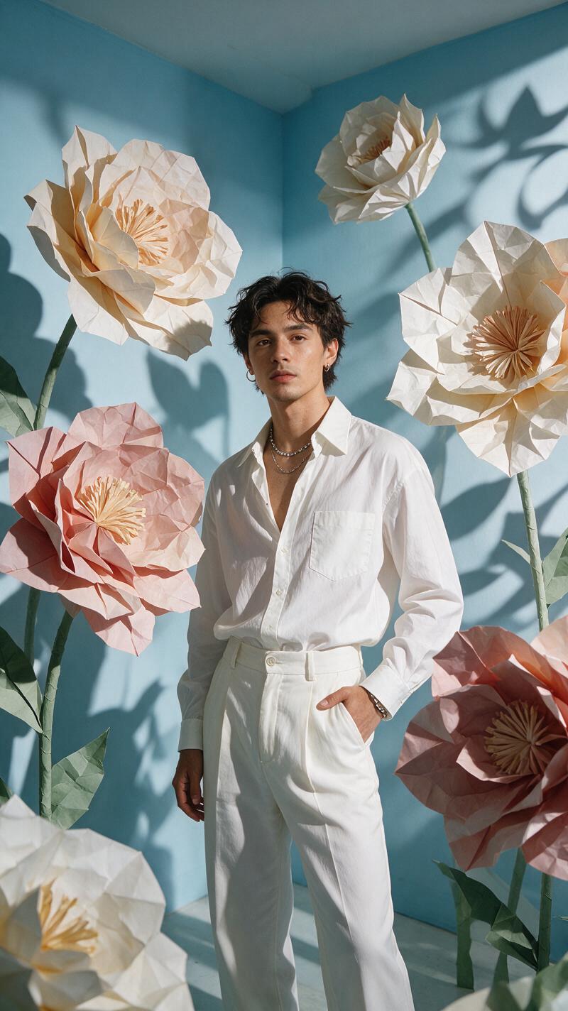 Origami photo effect portrait with folded paper flowers
