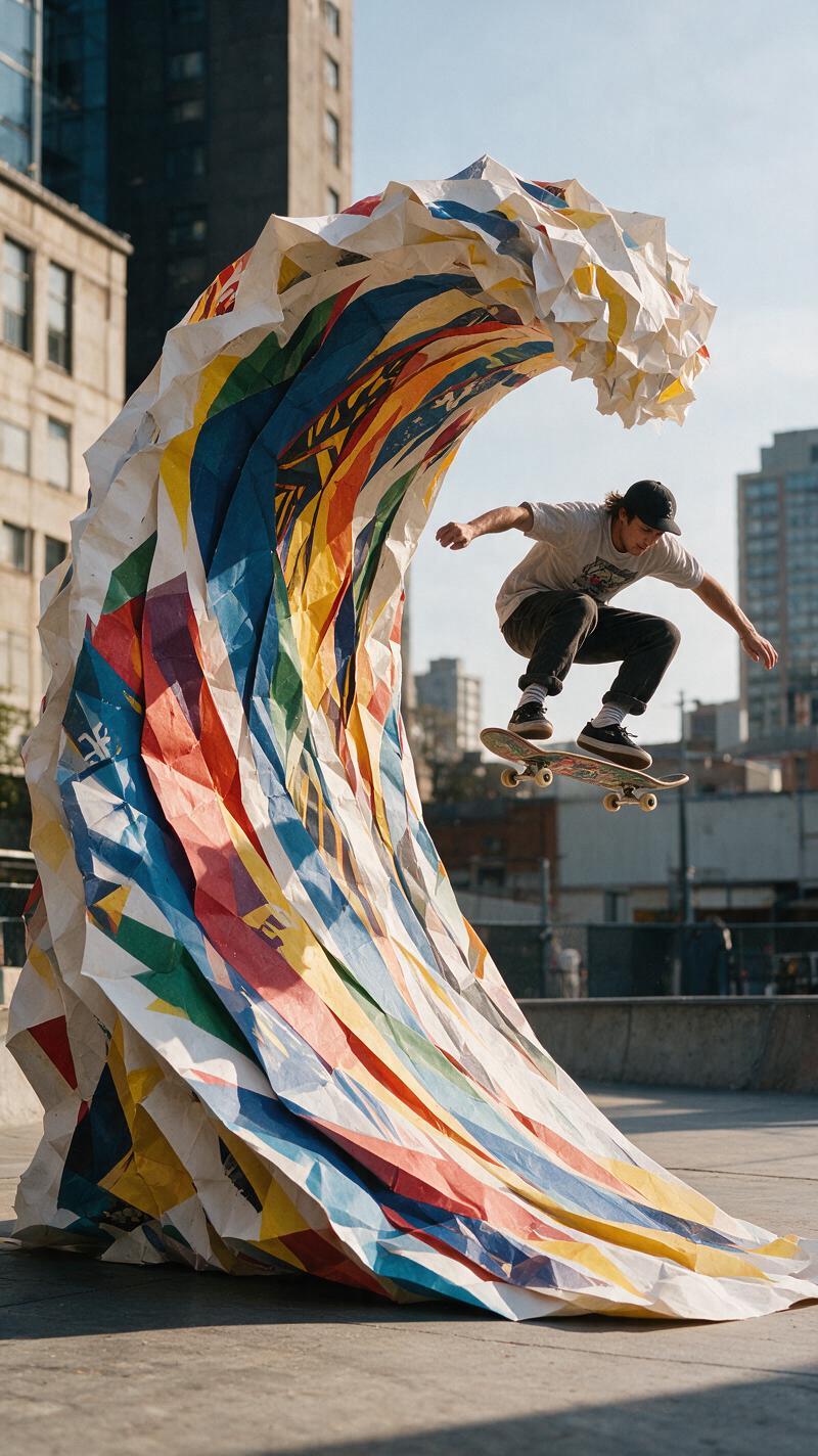 Origami action photo effect with a skater and folded paper wave