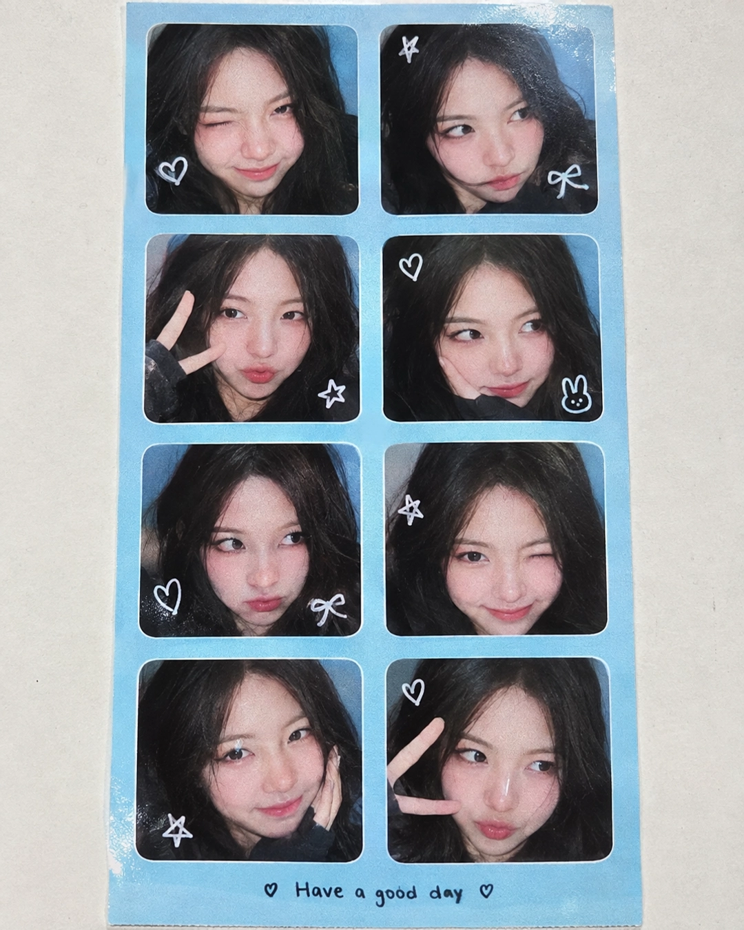 korean photo booth sticker sheet with playful square portraits