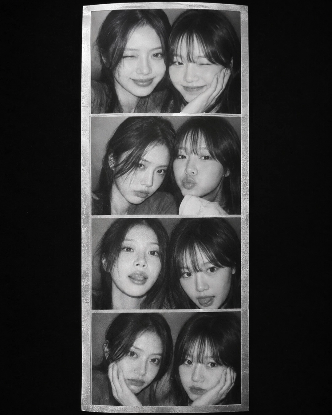 black and white korean photo booth strip with hard flash and grain