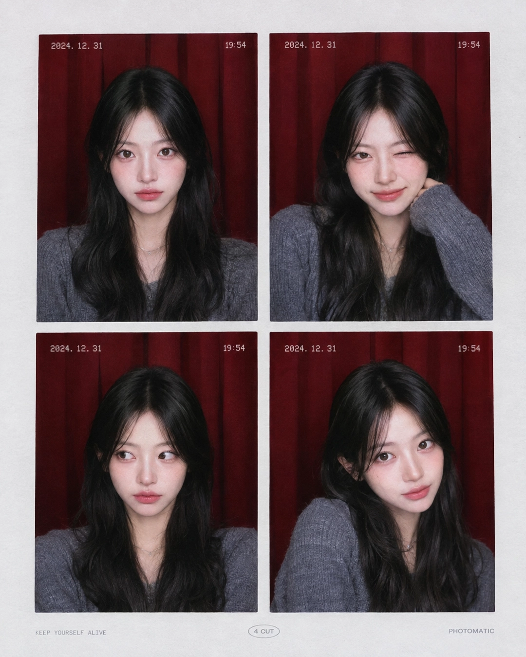korean photo booth passport style strip with red curtain and timestamp marks
