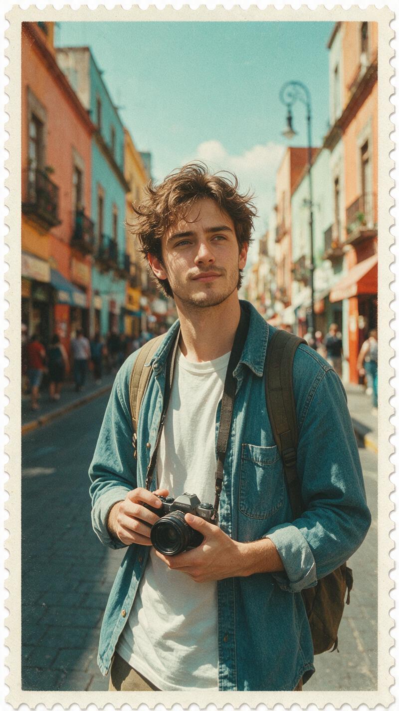 Postcard photo effect on a colorful city street