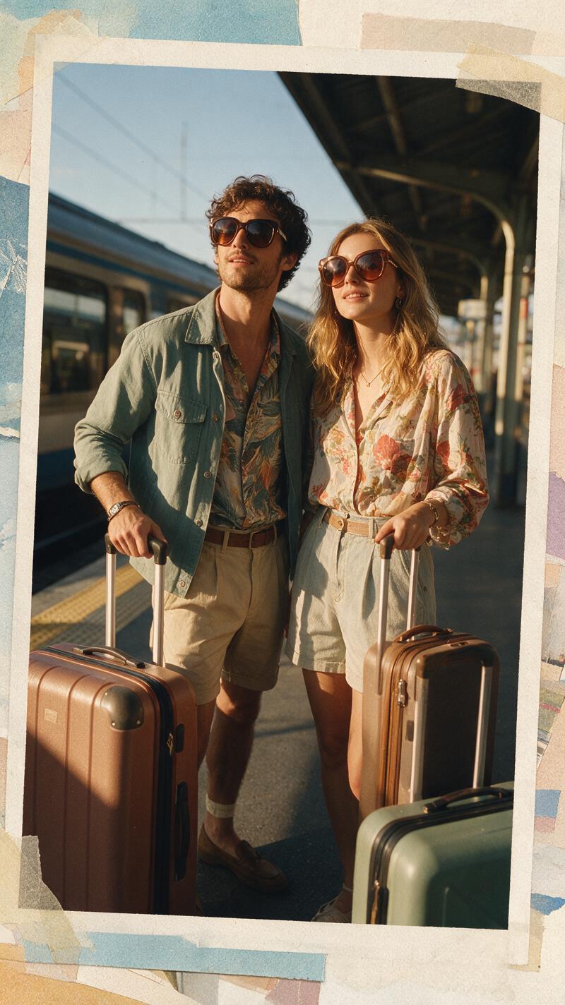 Vintage postcard photo effect with friends at a train platform