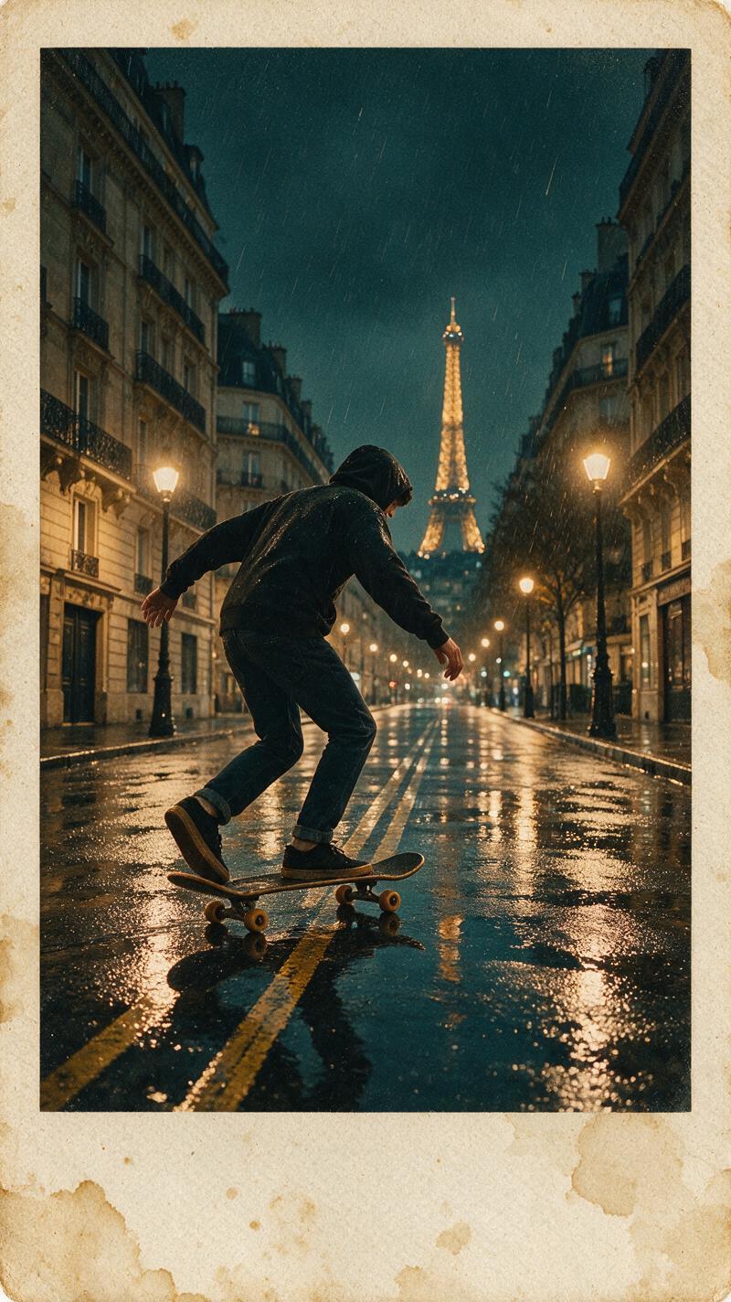 Retro postcard photo effect with a skater in Paris rain