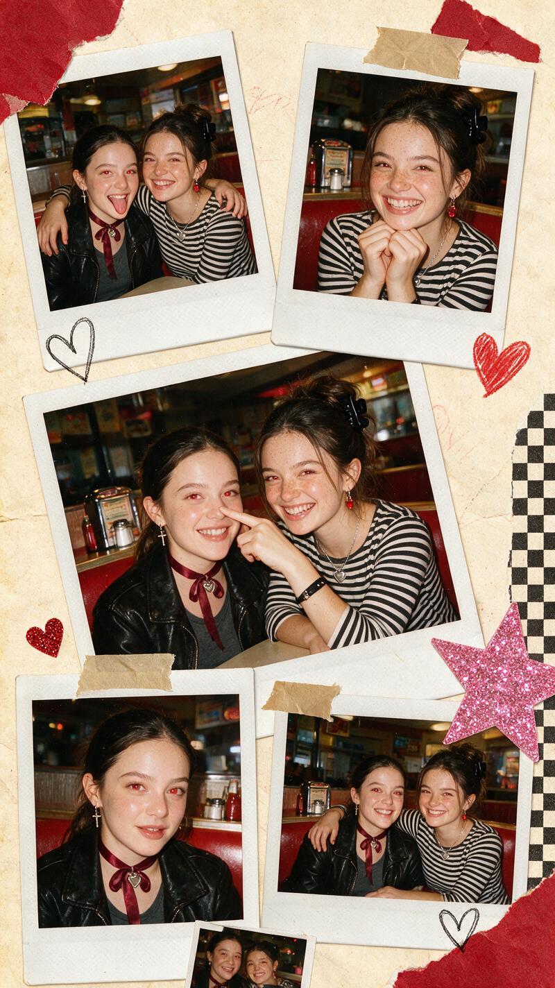 Digital scrapbook photo effect with friends at a diner