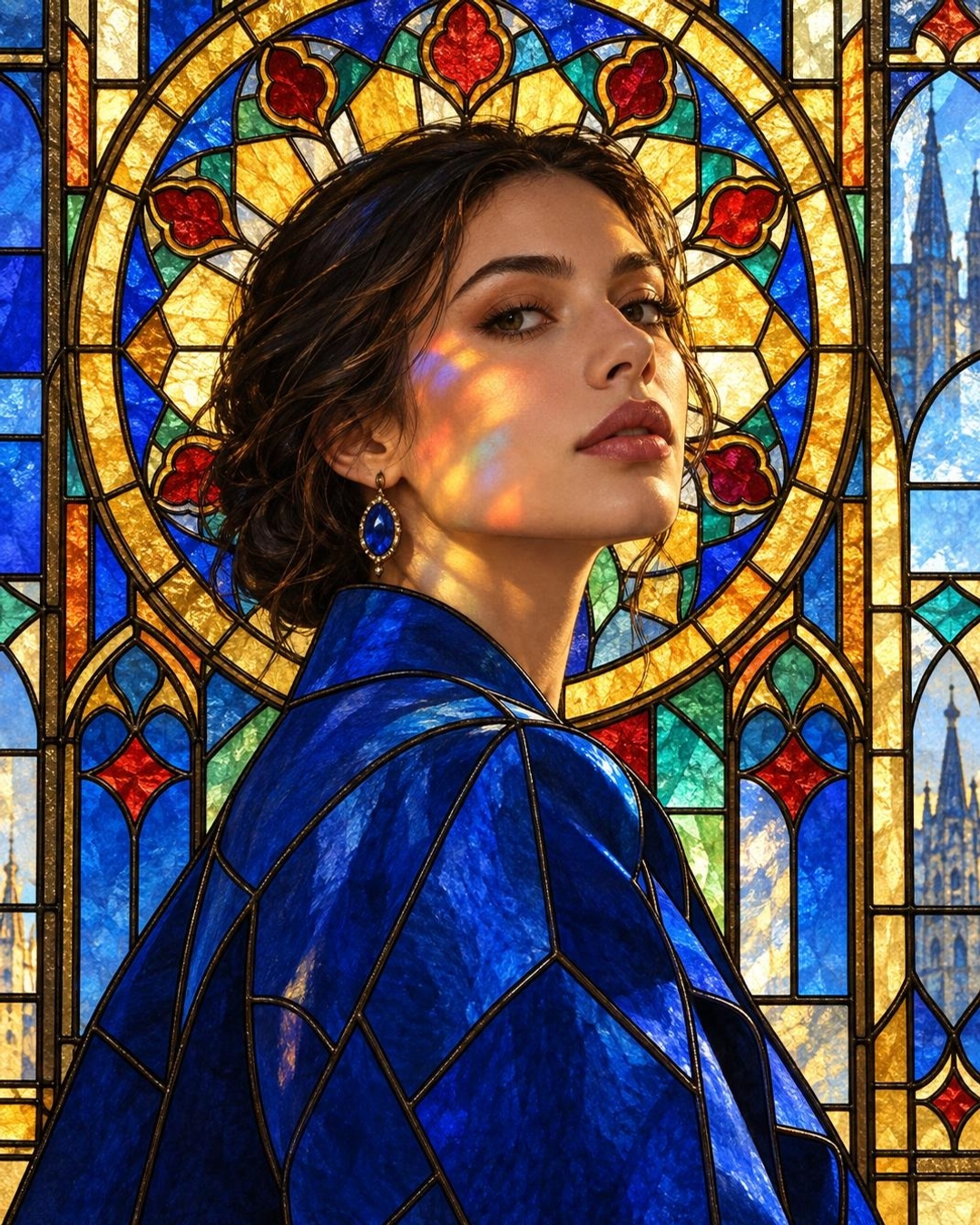 stained glass portrait effect with cobalt blue fashion styling