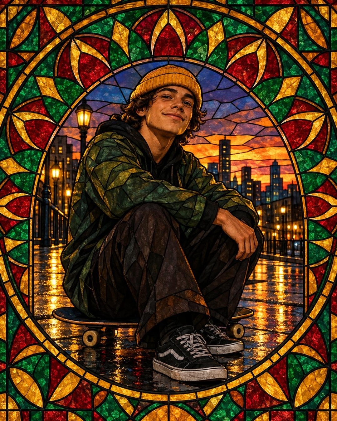 stained glass portrait effect with skateboarder at dusk