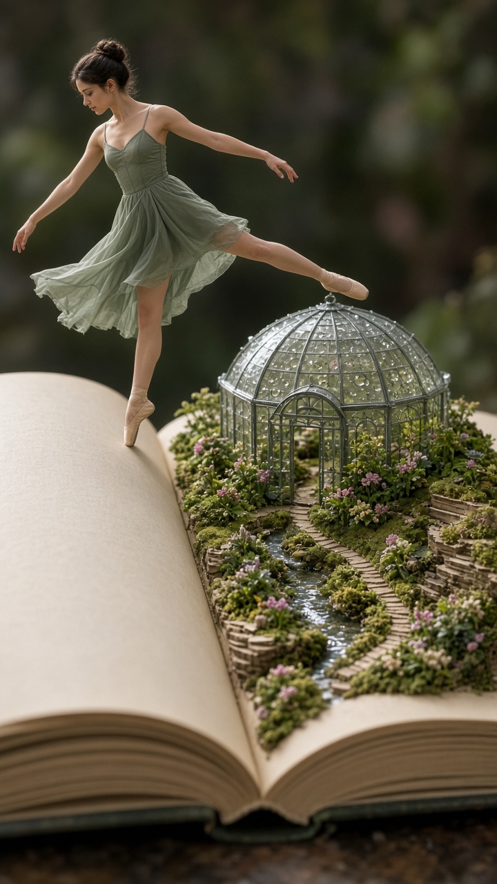 Tiny world greenhouse emerging from an open book