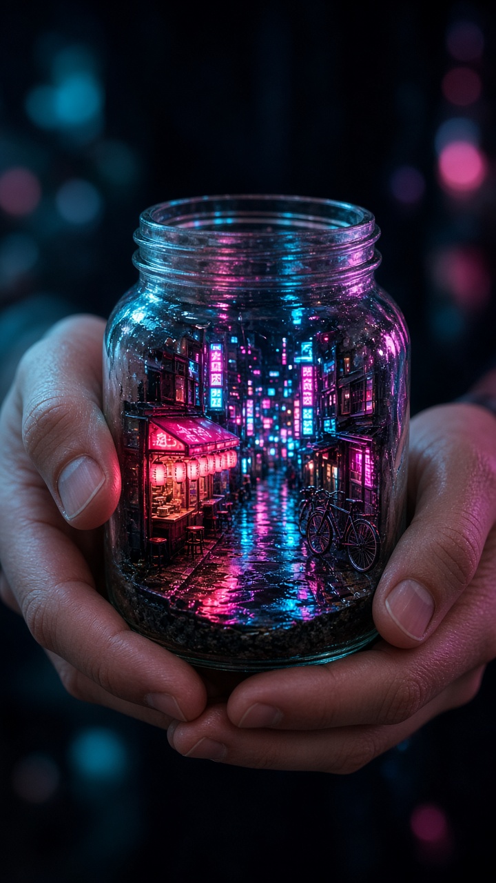 Tiny neon city inside a glass jar photo effect