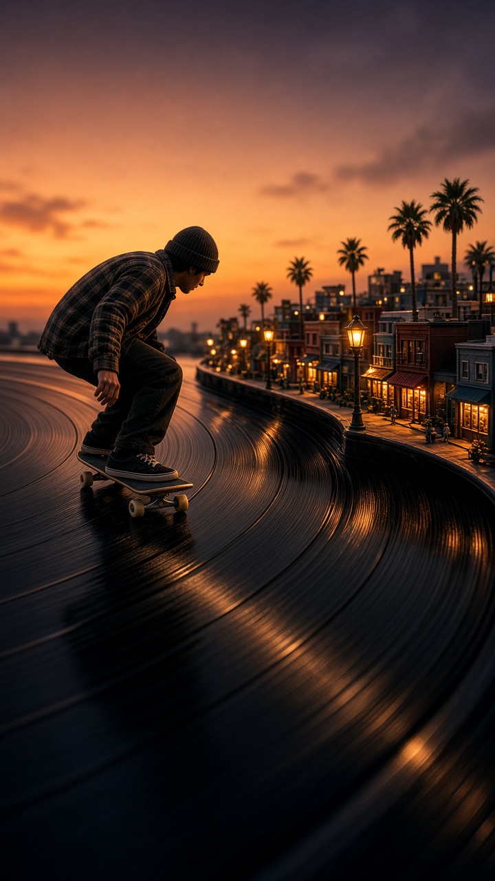 Tiny city on a giant vinyl record photo effect