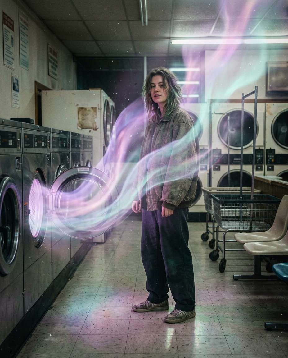 Nano Banana 2.1 effects with pastel aurora in a laundromat