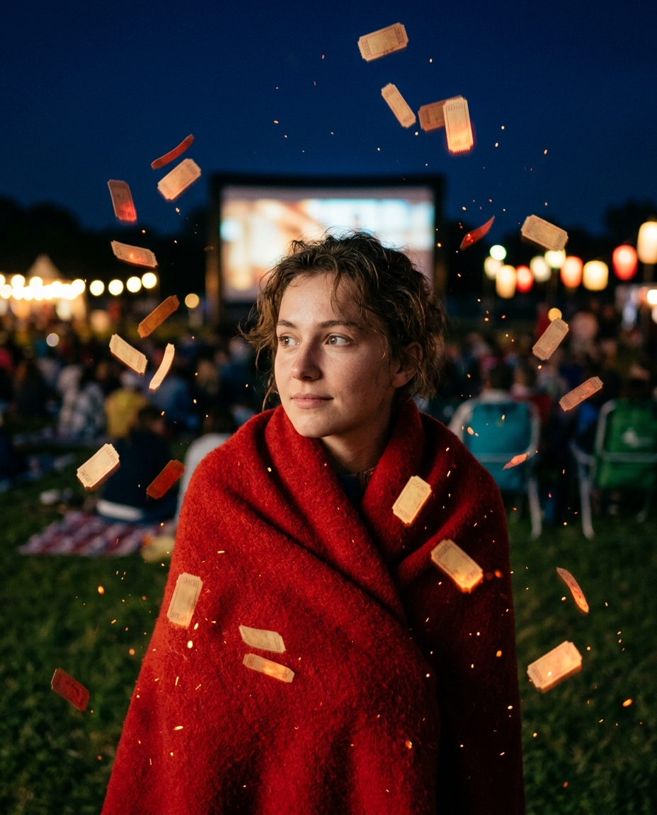 Nano Banana 2.1 effects with floating cinema tickets at night