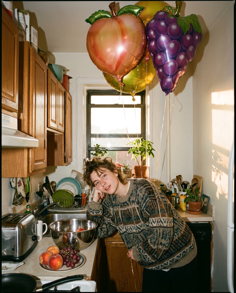 Nano Banana 2.1 effects with oversized fruit balloons in a kitchen